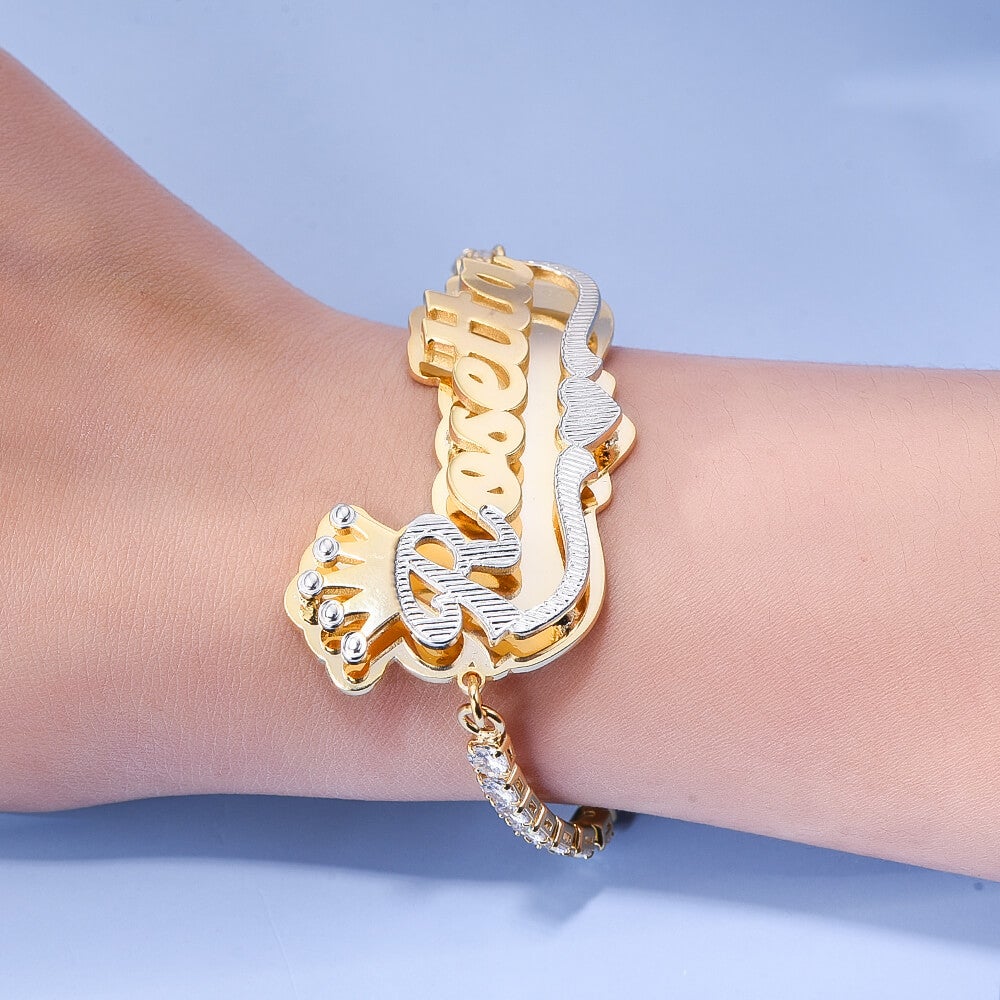 Double Plate Two Tone Crown Heart Nameplate with Tennis Chain Personalized Custom Gold Plated Name Bracelet-silviax
