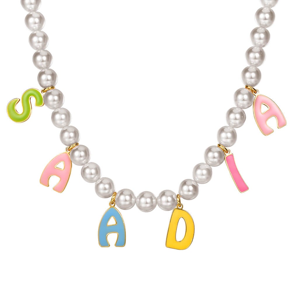 Color Enamel Capital Letter Pendant With Pearl Chain Personalized Custom Gold Plated Name Necklace-silviax
