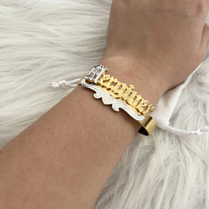 Old English Two Tone Nameplate with Crown Cuff Bangle Personalized Custom Gold Plated Name Bracelet-silviax