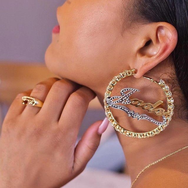 Two Tone Gold Plated Personalized Hoop Name Earrings-silviax