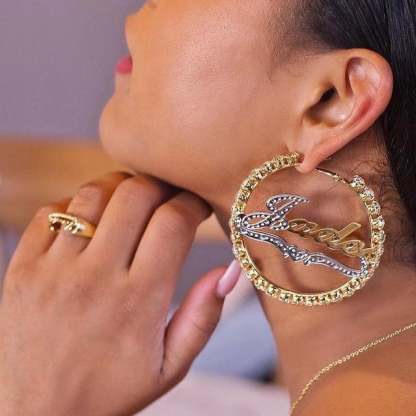 Two Tone Gold Plated Personalized Hoop Name Earrings-silviax