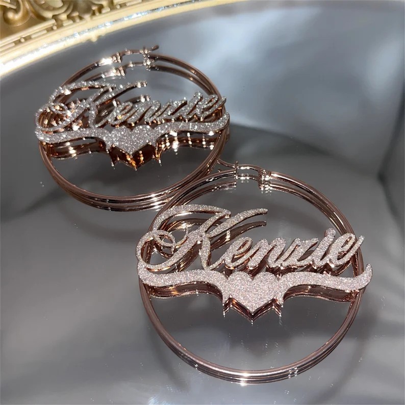 Bling Bling Hoop Earrings with Heart Personalized Gold Plated Name Earrings-silviax