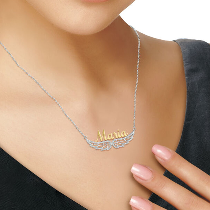 Personalized Custom Gold Plated Nameplate Necklace with Angel Wings Women Gift