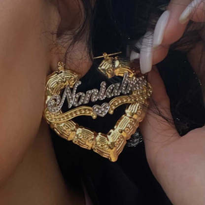 Two Tone Heart Personalized Custom Heart Shaped Bamboo Hoop Gold Plated Name Earrings-silviax