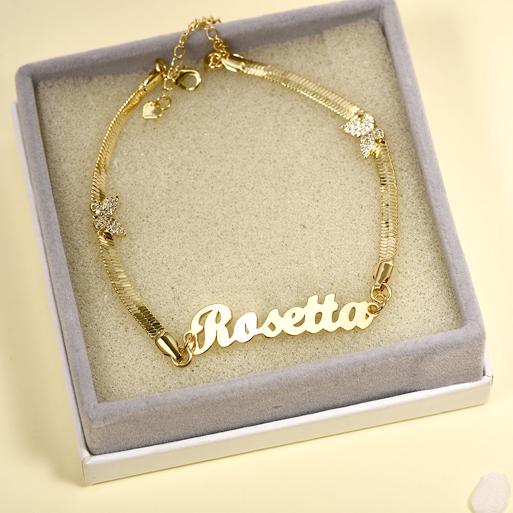 Snake Chain Gold Plated Personalized Custom Name Bracelet with Butterfly-silviax