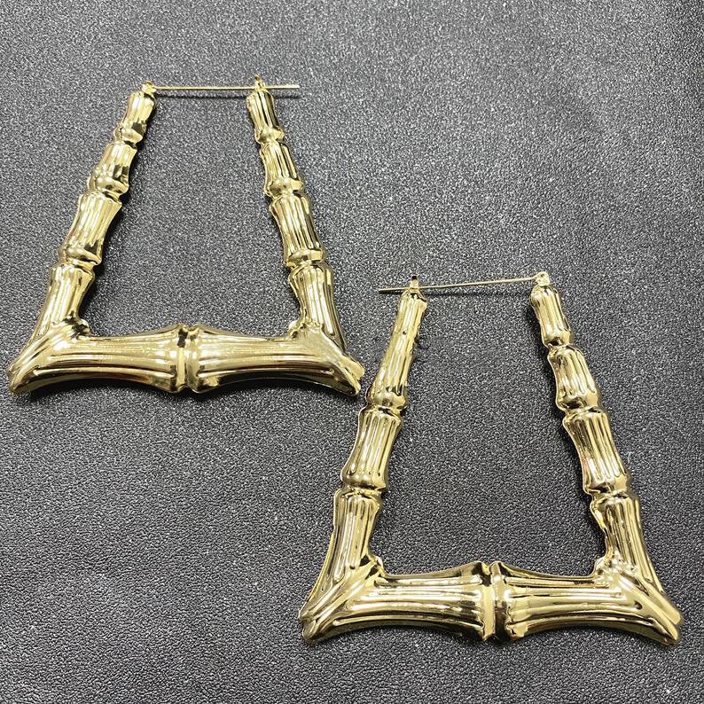 Trapezoid Bamboo Hoop Gold Plated Earrings-silviax