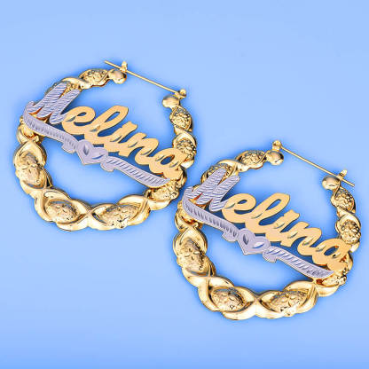 Two Tone XOXO Bamboo Earrings with Heart Personalized Custom Gold Plated Name Earrings-silviax