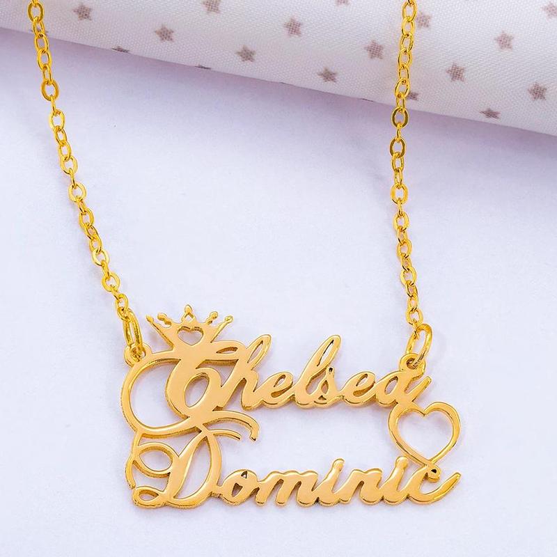 Crown 2 Name Heart Gold Plated Personalized Name Necklace-silviax