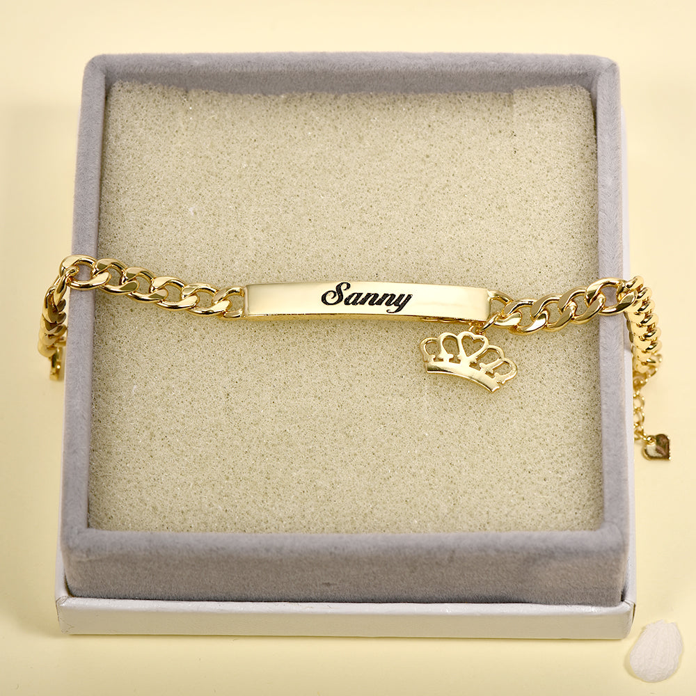 Gold Plated Personalized Cuban Chain Engraved Name Bar Bracelet with Crown Pendant-silviax