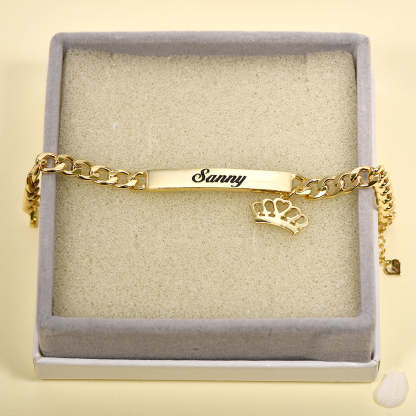 Gold Plated Personalized Cuban Chain Engraved Name Bar Bracelet with Crown Pendant-silviax