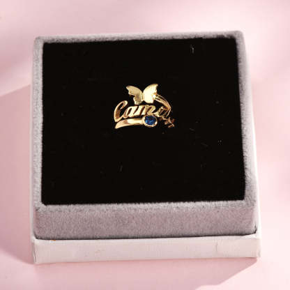 Gold Plated Butterfly Personalized Custom Name Ring with Birthstone-silviax