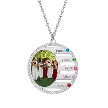 2 To 5 Names With Birthstone And Photo Round Pendant Personalized Custom Gold Plated Family Necklace