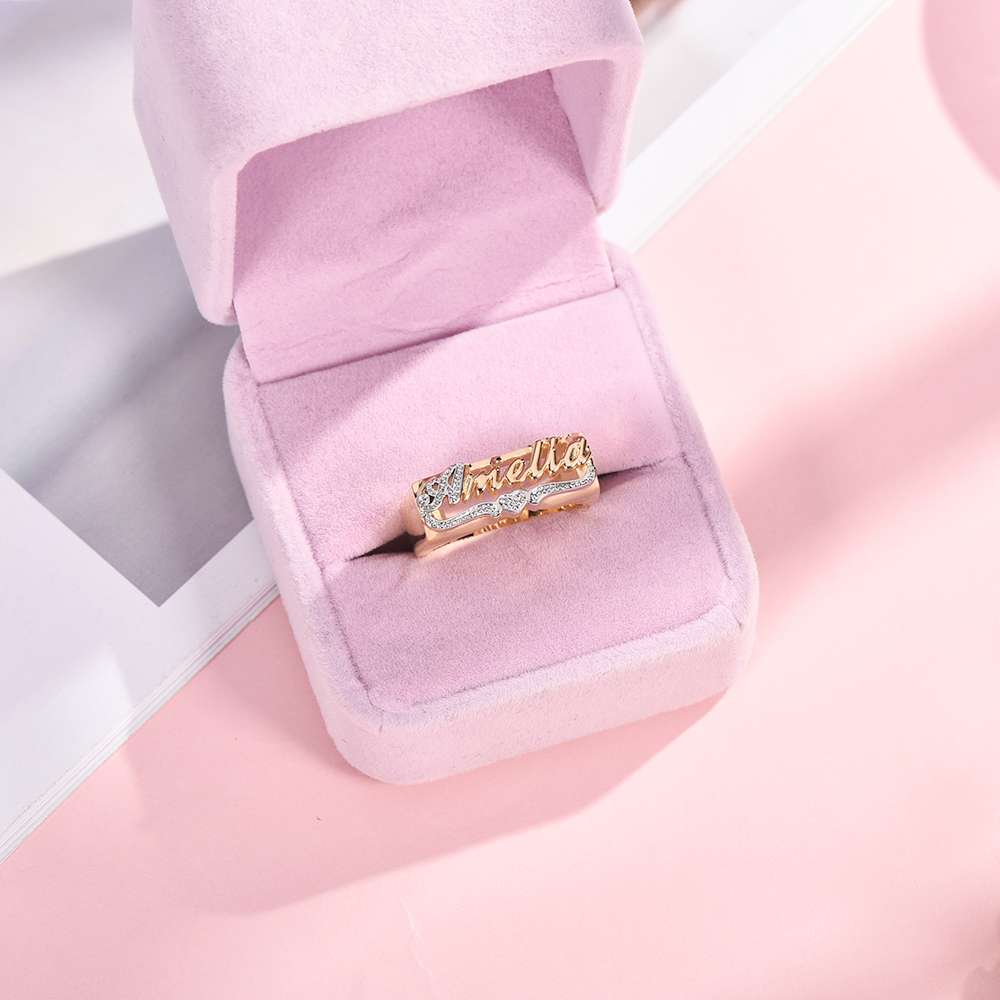 Two Tone Nameplate with Heart Personalized Custom Gold Plated Name Ring-silviax