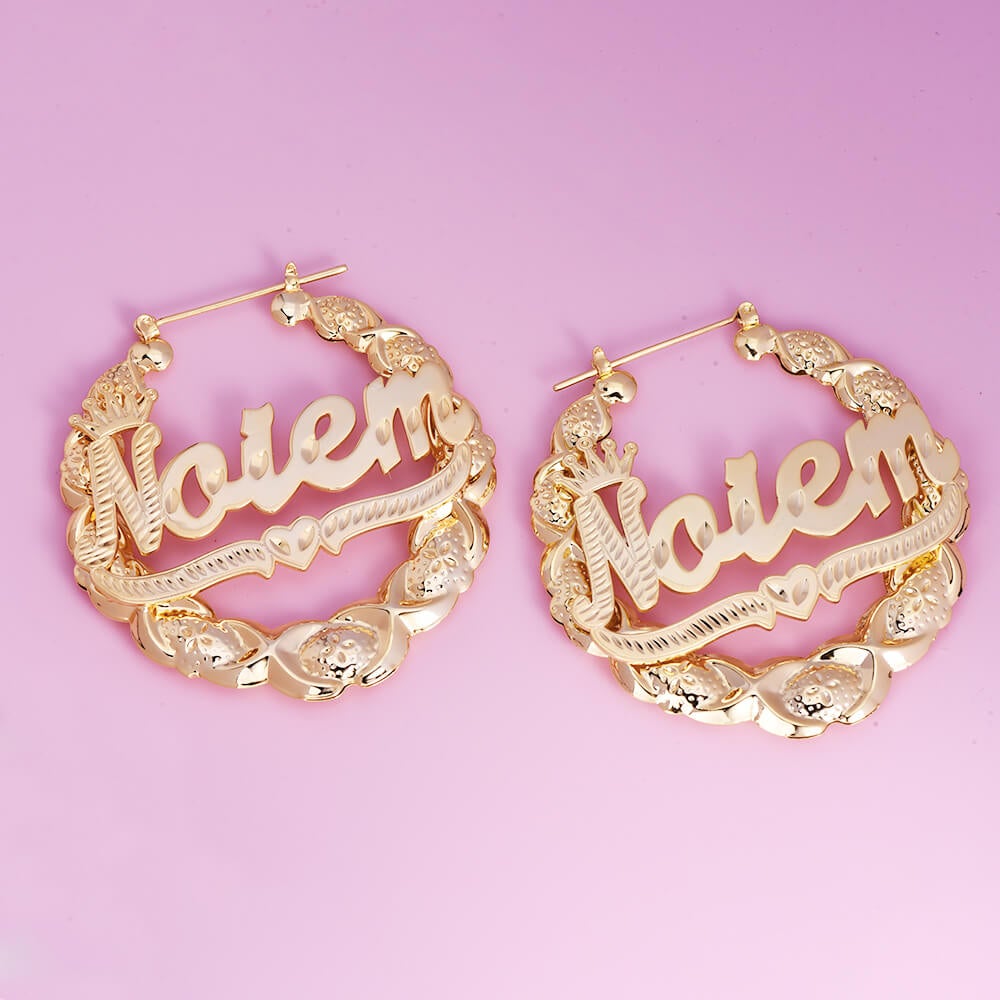XOXO Bamboo Earrings with Crown Heart Personalized Custom Gold Plated