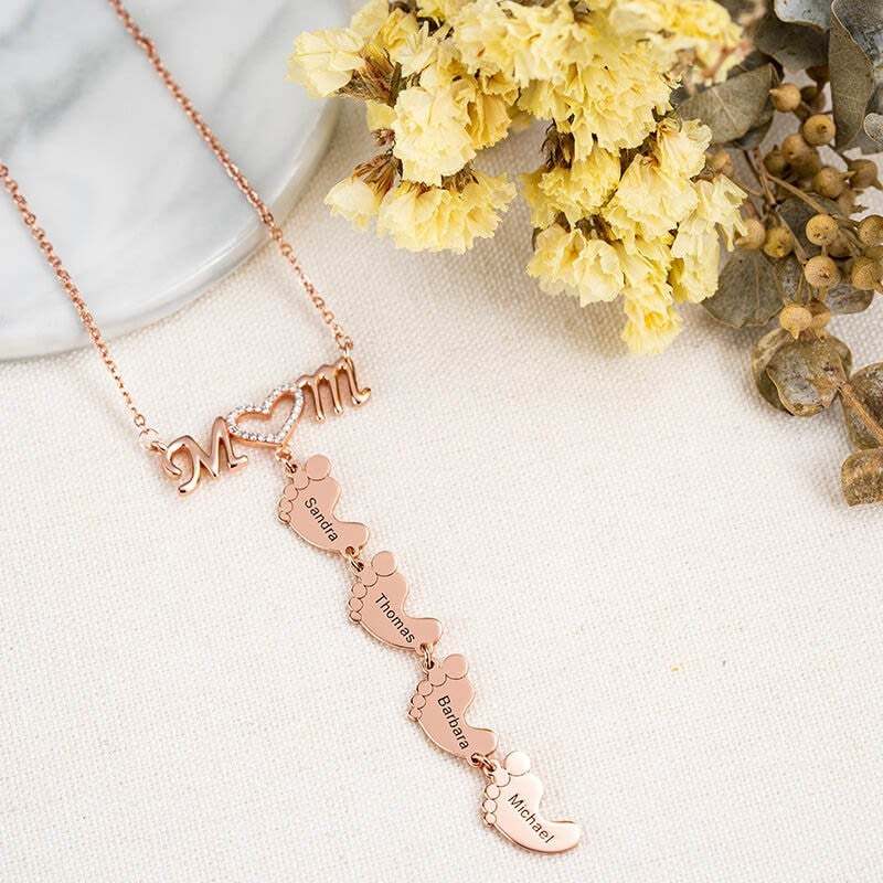 Mom and Baby Feet Personalized Custom 1 to 5 Name Necklace Gold Plated Jewelry Mother's Day Gift for Mom Women-silviax