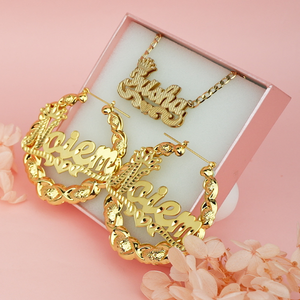 Crown Heart Double Layer Name Necklace And XOXO Name Earrings Personalized Custom Set-silviax