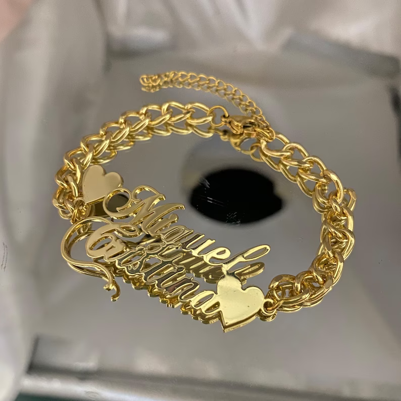 Cuban Chain Two Hearts Two Names Personalized Custom Gold Plated Love Name Bracelet Womem Gift-silviax