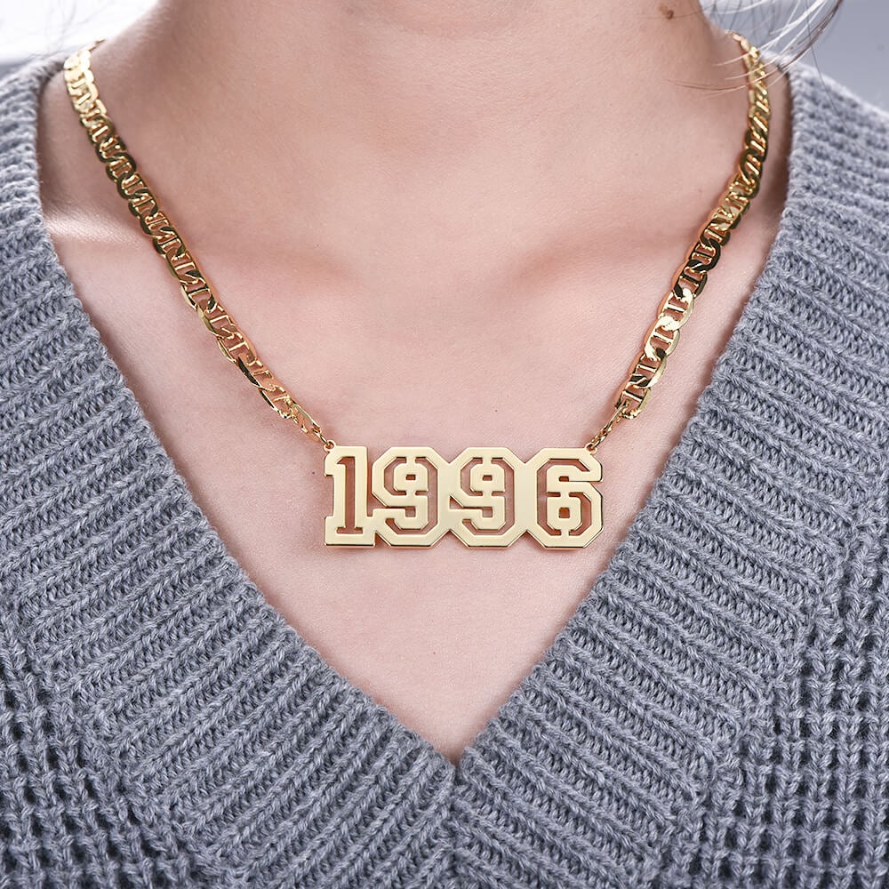 Hollow Number Year Name Plate Personalized Custom Gold Plated Necklace And Bracelet Set-silviax