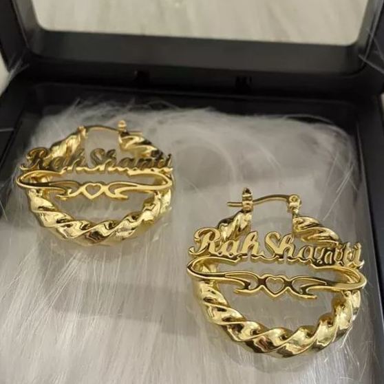 Initial Hoop Earrings with Heart Personalised Custom Gold Plated Bamboo Name Earrings 40mm-silviax