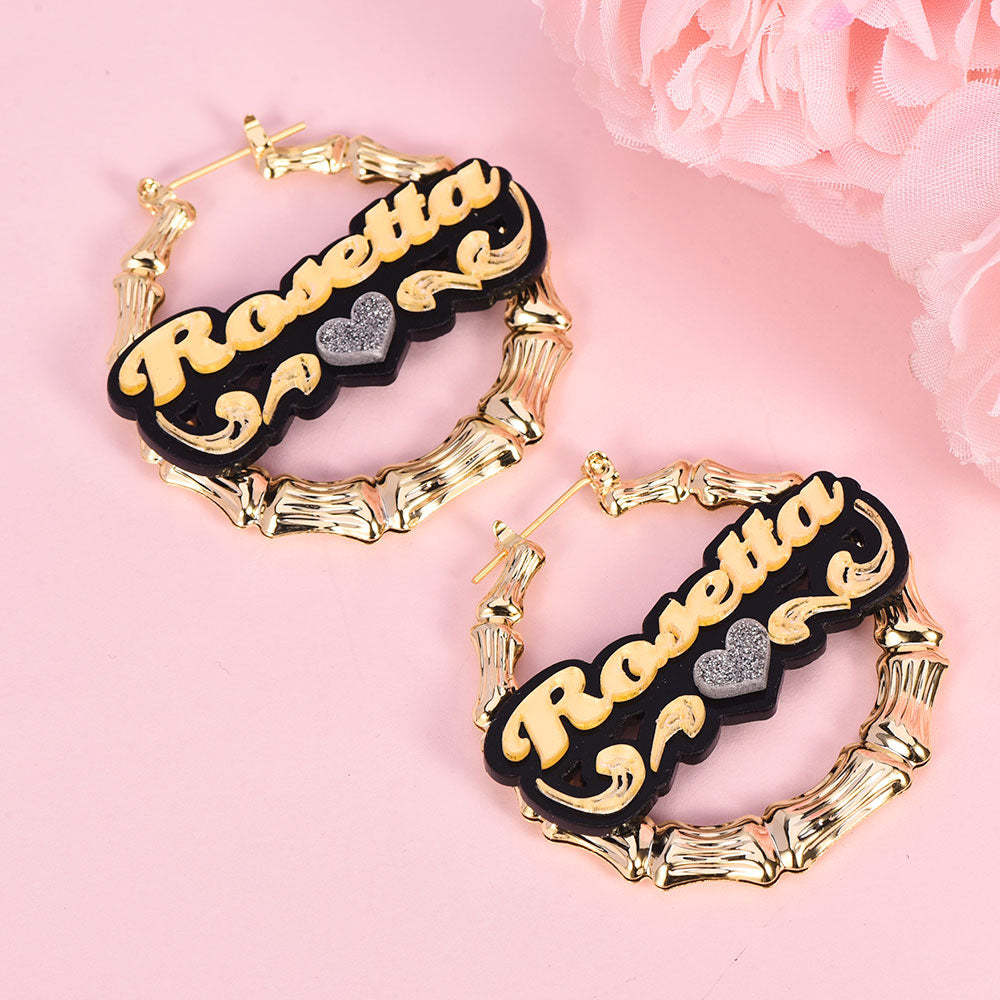 Acrylic Earrings with Heart Two Tone Personalized Custom Bamboo Name Earrings-silviax