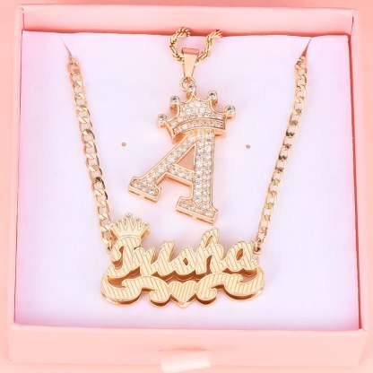 Crown Double Layer Name Necklace And Initial Necklace Personalized Custom Gold Plated Set-silviax