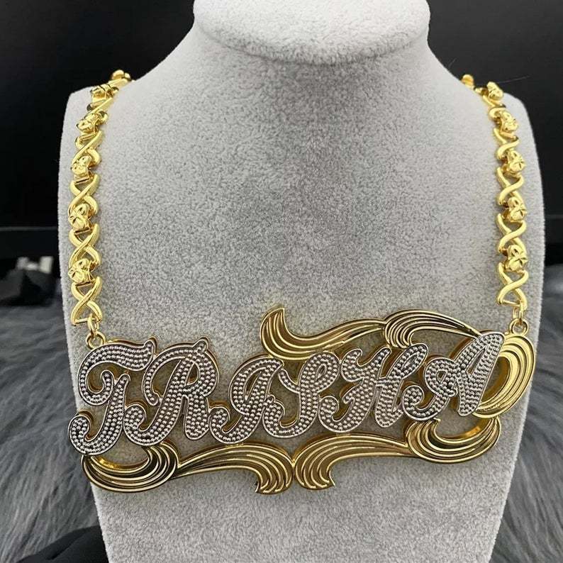 Double Layer Two Tone Nameplate Pendant Personalized Custom Name Necklace Gold Plated Xoxo Chain Jewelry-silviax