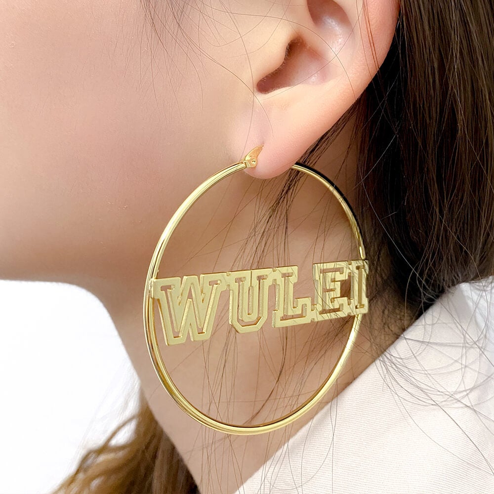 Hollow Capital Letter Name 60mm Personalized Custom Gold Plated Hoop Earrings-silviax