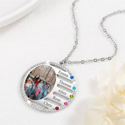 2 To 5 Names With Birthstone And Photo Round Pendant Personalized Custom Gold Plated Family Necklace