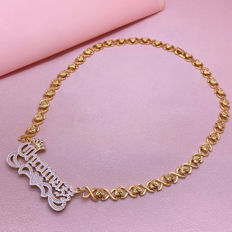 Double Layer Two Tone Nameplate Crown Heart with XOXO Chain Custom 3D Name Necklace-silviax
