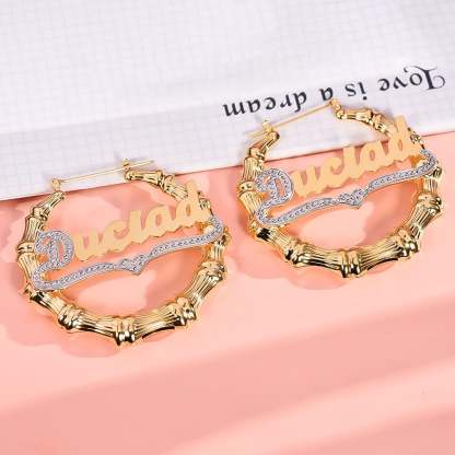 Gold Plated Personalized Bamboo Two Tone Name Earrings-silviax