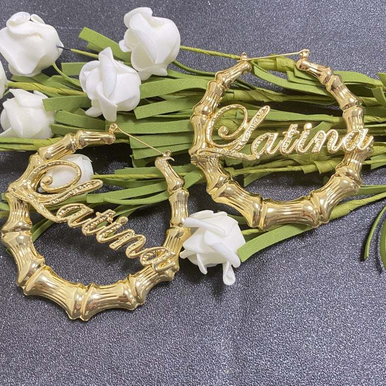 Bamboo Earrings Personalized Custom Gold Plated Name Earrings-silviax