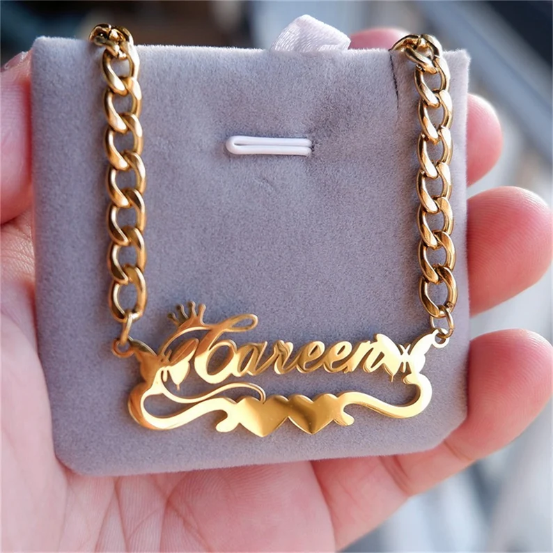 Gold Plated Two Butterfly Double Heart Nameplate with Crown Personalized Custom Name Necklace-silviax