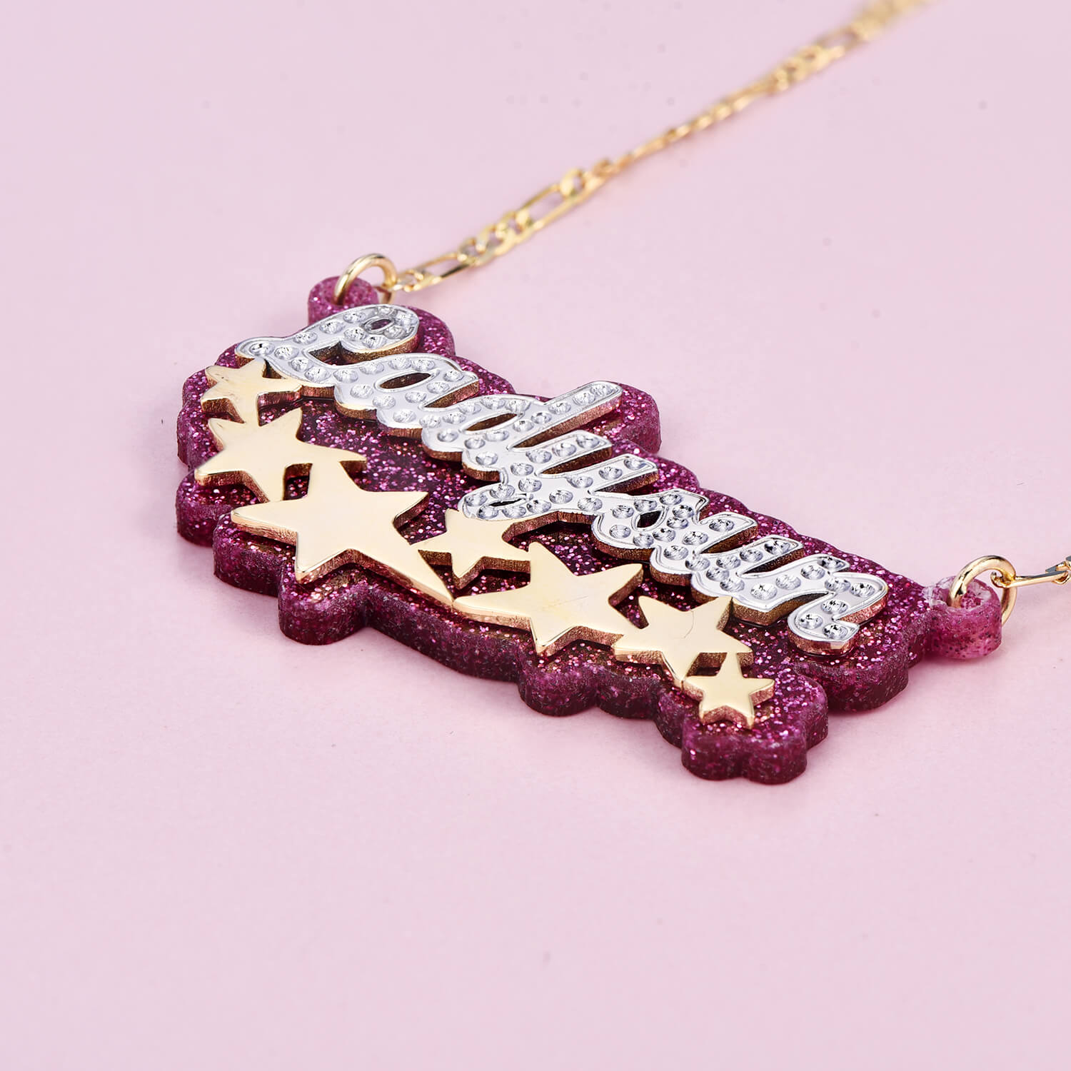 Double Plate Acrylic Two Tone Stars Personalized Custom Gold Plated Name Necklace-silviax