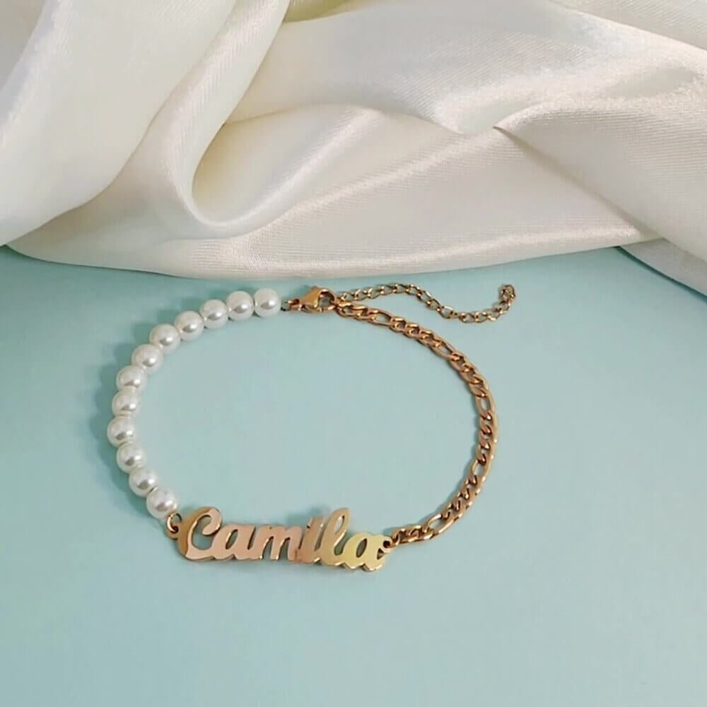 Pearl Chain And Figaro Chain Personalized Custom Gold Plated Name Bracelet-silviax