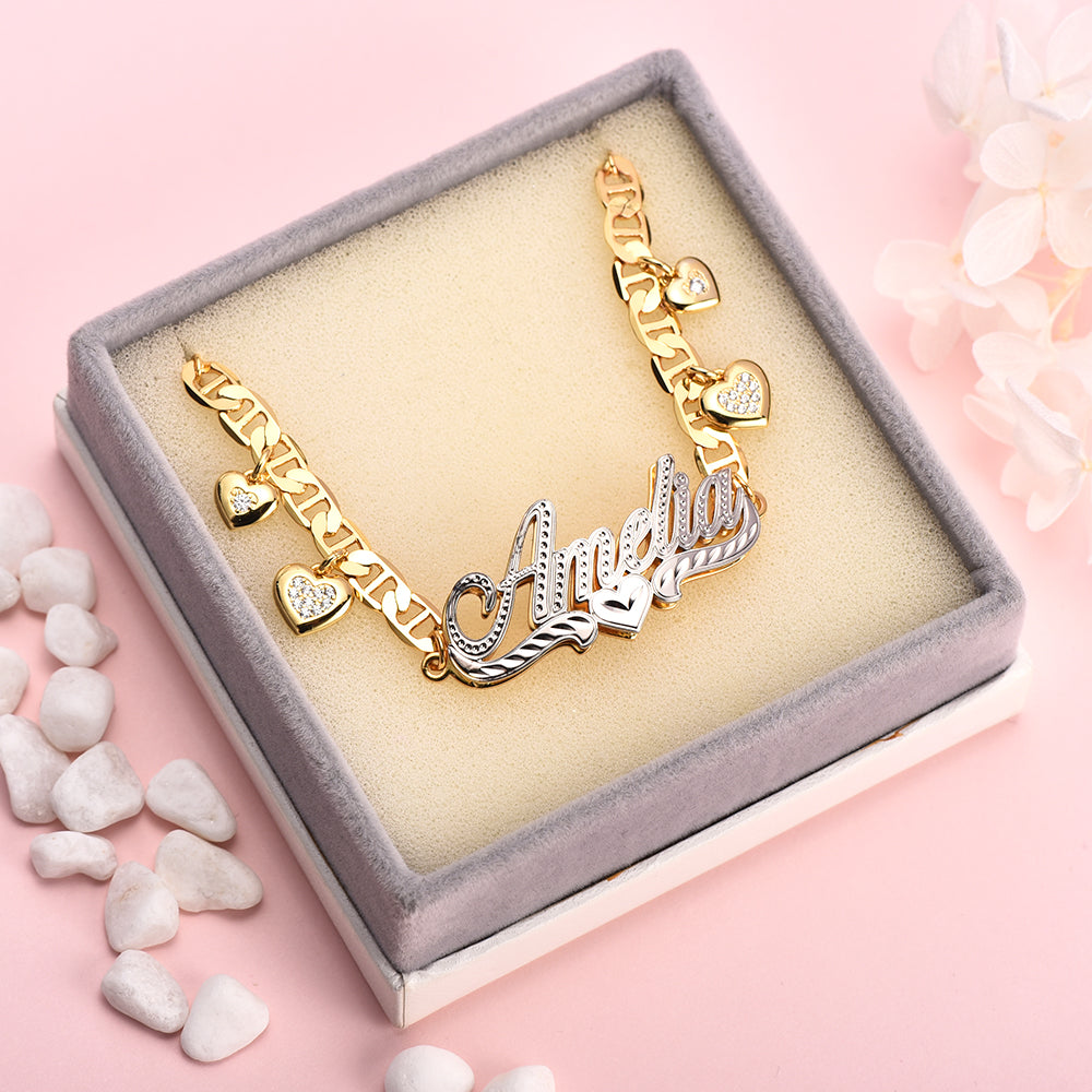 Double Layer Personalized Heart Nameplate With Heart Pendant Custom Name Bracelet-silviax