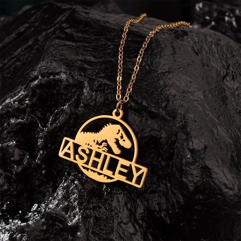  Custom Personalized Gold Plated Hollow Dinosaur Choker Nameplate Pendant Necklace