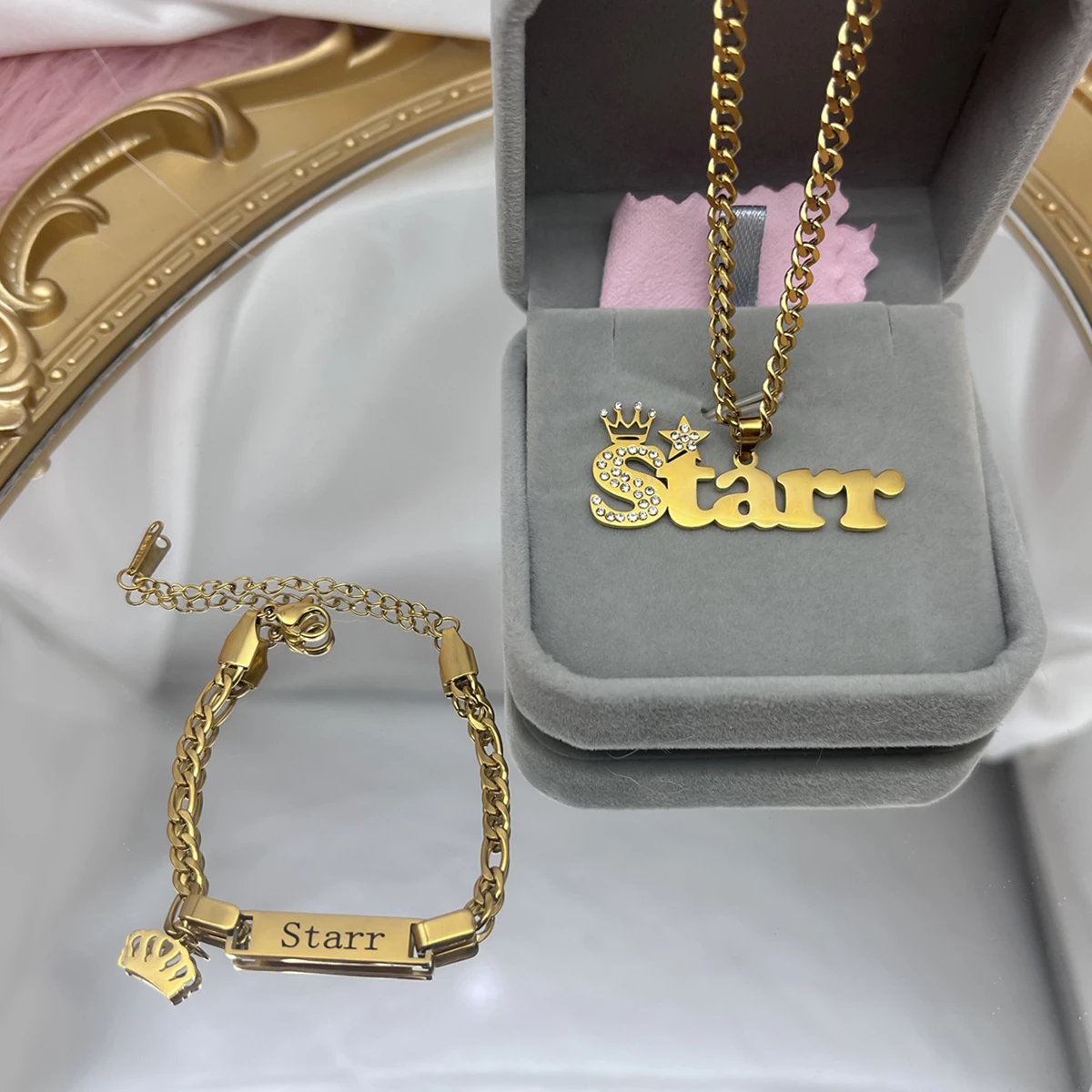 Crown and Star Name Jewelry Set Personalized Name Necklace and Bar Bracelets Baby Gift-silviax