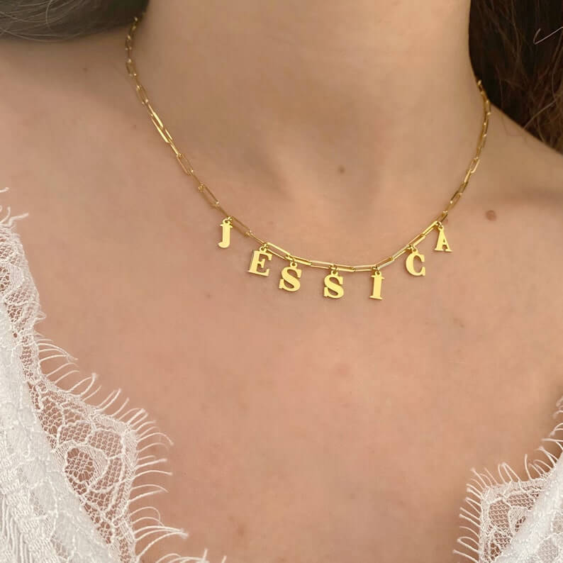 Paperclip Chain Hanging Capital Letter Personalized Custom Gold Plated Name Necklace-silviax