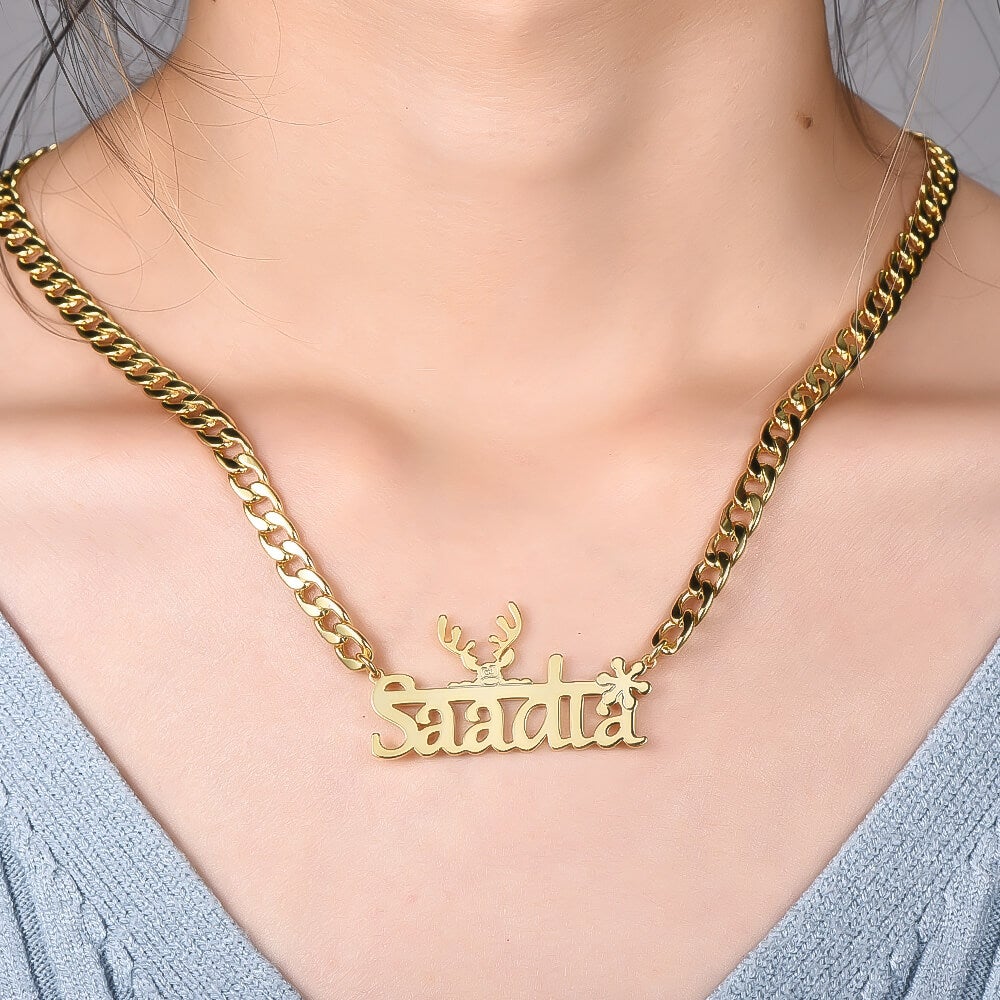Elk And Snowflake With Cuban Chain Personalized Custom Gold Plated Name Necklace-silviax
