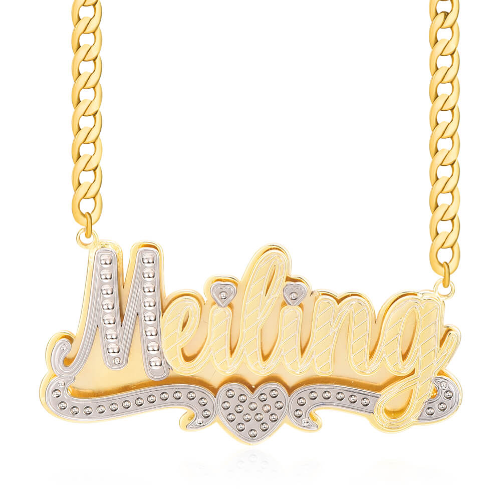 Double Plate Two Tone Heart Nameplate Pendant With Cuban Chain Personalized Custom Gold Plated Name Necklace-silviax