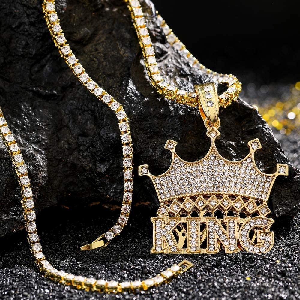King Crown Pendant Neckalce Hip Hop Style Gold Plated Tennis Chain-silviax