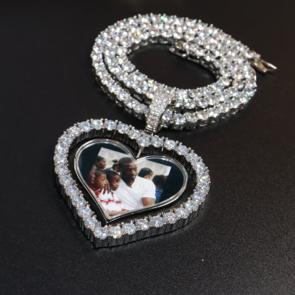 Tennis Chain Heart Shaped Personalized Custom Gold Plated Photo Pendant Necklace-silviax