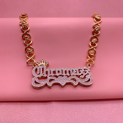 Double Layer Two Tone Nameplate Crown Heart with XOXO Chain Custom 3D Name Necklace-silviax