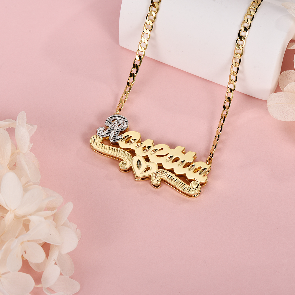 Double Layer Two Tone Nameplate Personalized Custom Gold Plated Name Necklace with Heart-silviax