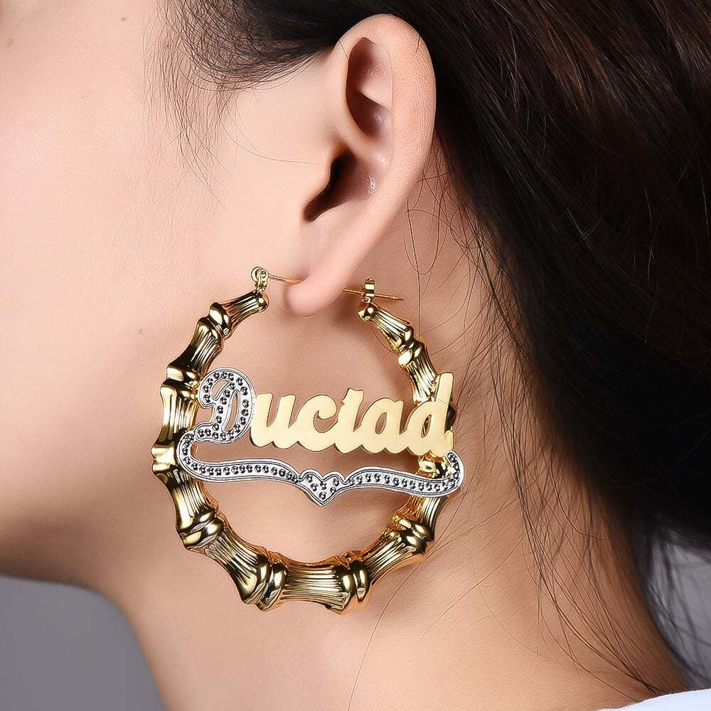 Personalized Bamboo Double Plated Two Tone Name Hoop Earrings-silviax