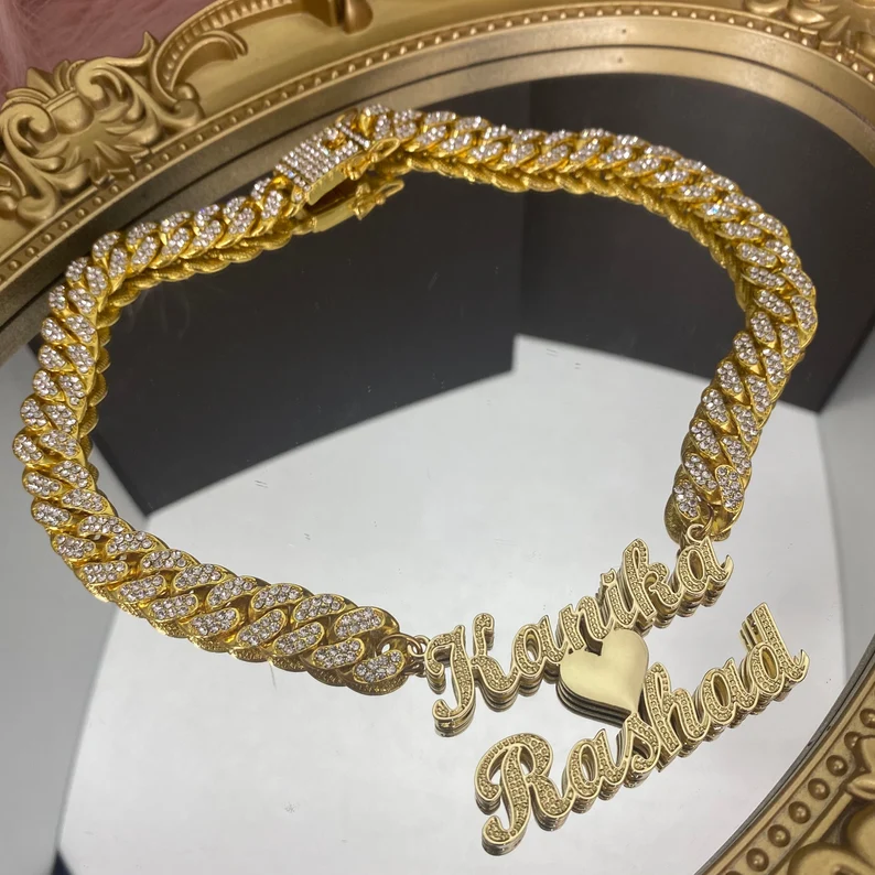 Iced Cuban Chain Two Names with Heart Custom Personalized Name Necklace Couple Gifts-silviax