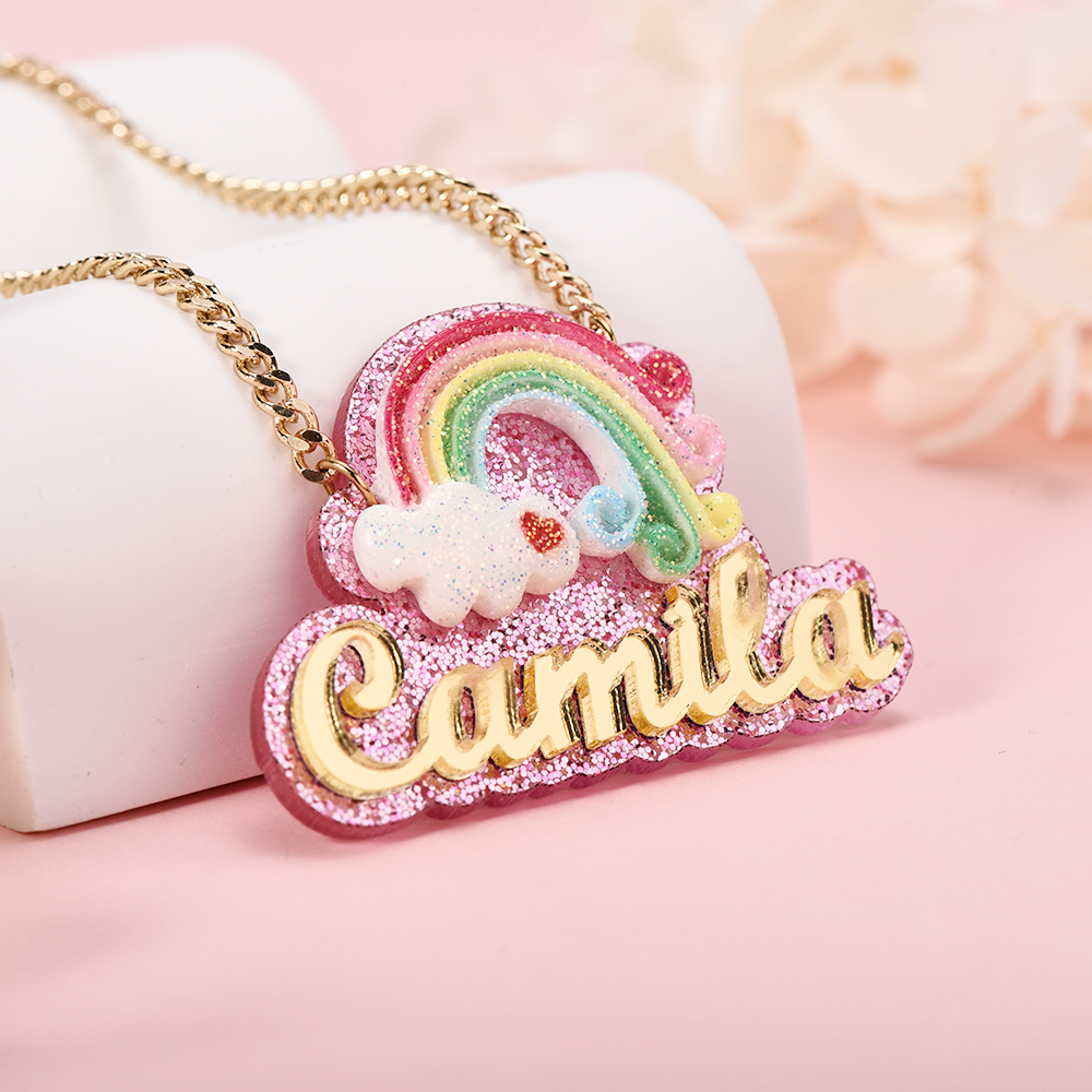 Colorful Acrylic Rainbow Pendant Personalized Gold Plated Name Necklace-silviax