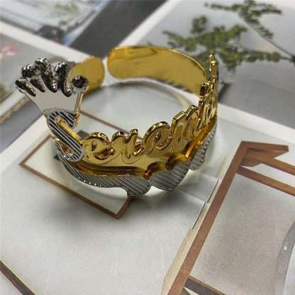 Two Tone Nameplate with Crown Heart Cuff Bangle Personalized Custom Gold Plated Name Bracelet-silviax