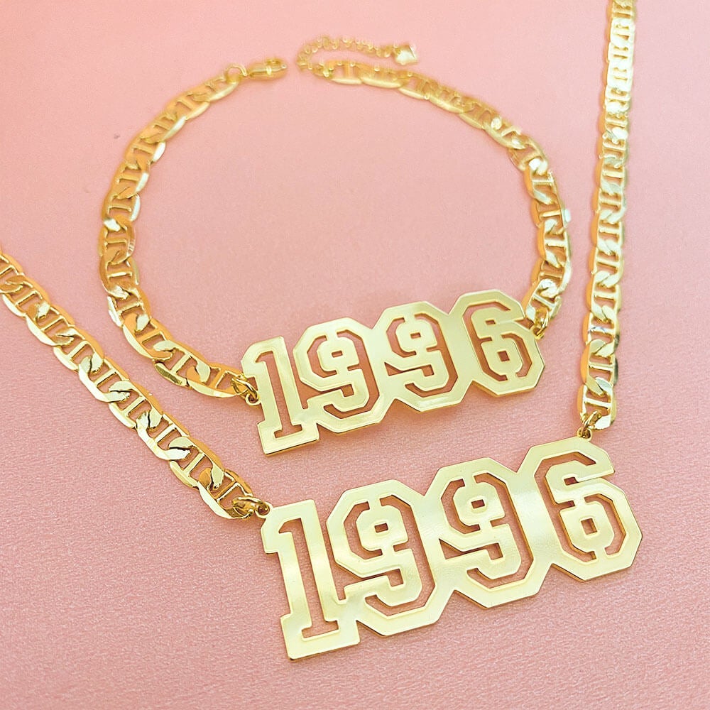 Hollow Number Year Name Plate Personalized Custom Gold Plated Necklace And Bracelet Set-silviax