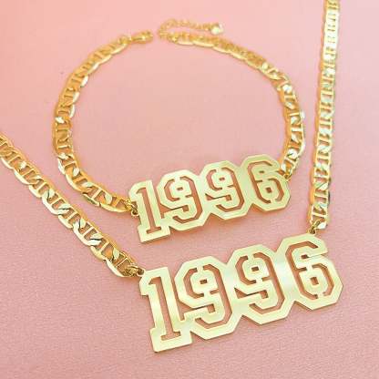 Hollow Number Year Name Plate Personalized Custom Gold Plated Necklace And Bracelet Set-silviax